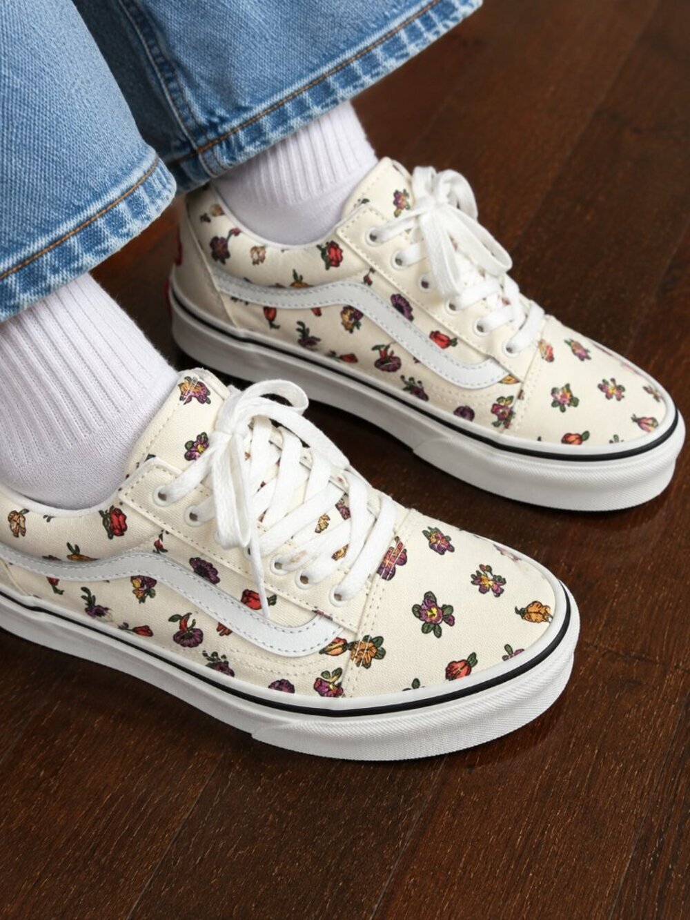 Vans Old Skool Cream Floral Print Canvas Sneakers Women's Size 6